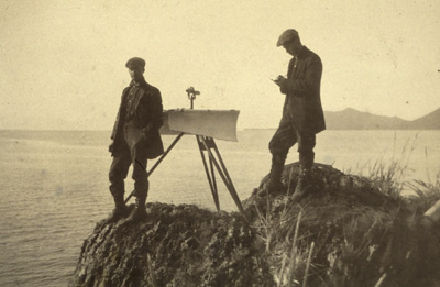 Plane table crew in Prince William Sound area. Crew off of TAKU (1910, Family of Captain Gilbert T. Rude, C&GS). Coast and Geodetic Survey Historic Images.